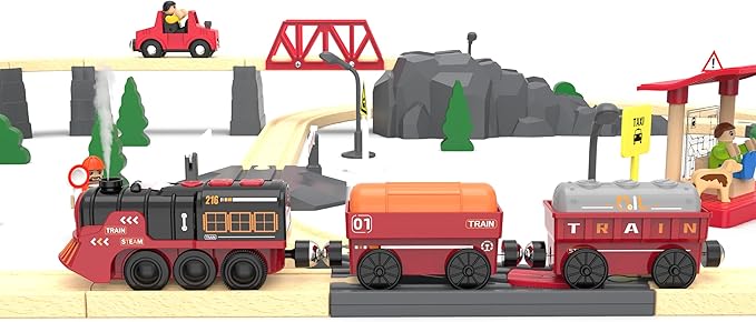 Toy Train Electric Train Set for Wooden Tracks, Christmas Motorized Train Toys for Toddlers, Battery Operated Train Includes Lights, Sounds, Smoke, Steam Train Compatible with Thomas, Brio