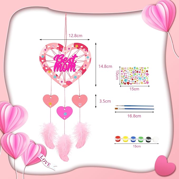 Fennoral 6 Pack Heart Dream Catcher Craft Kit for Kids Paint You Own Mother's Day Dream Catcher DIY Coloring Wooden Art and Craft for Art Activity Project Mom's Birthday Valentine's Day Decoration