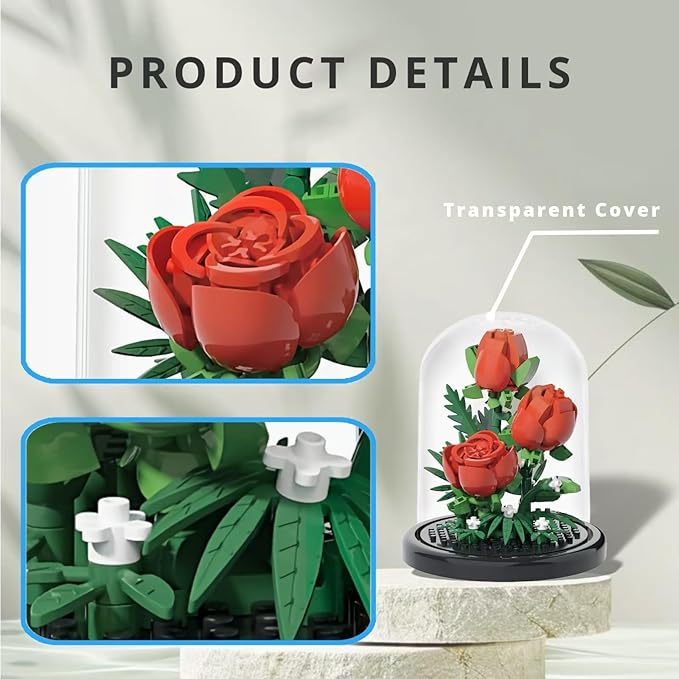 Red Rose Flowers Micro Bricks Building Set with Dust Cover,Artificial Flowers Botanical Collection for Home Decor, Creative Gifts for Adults Women Boys Girls,254 Pieces