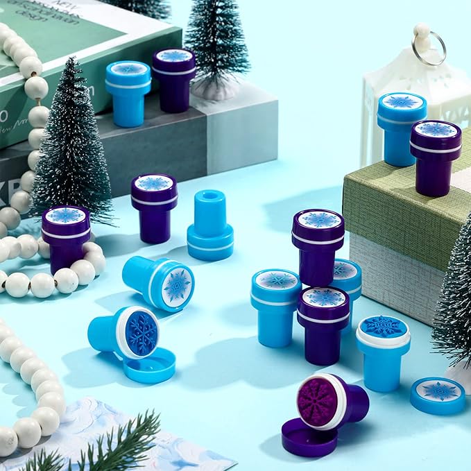 Skylety 60 Pieces Winter Snowflake Stamps for Kids Assorted Colored Frozen Stamps Plastic Snowflake Hand Stampers for Card Making Xmas Holiday Party Favors(Dark Blue, Light Blue)
