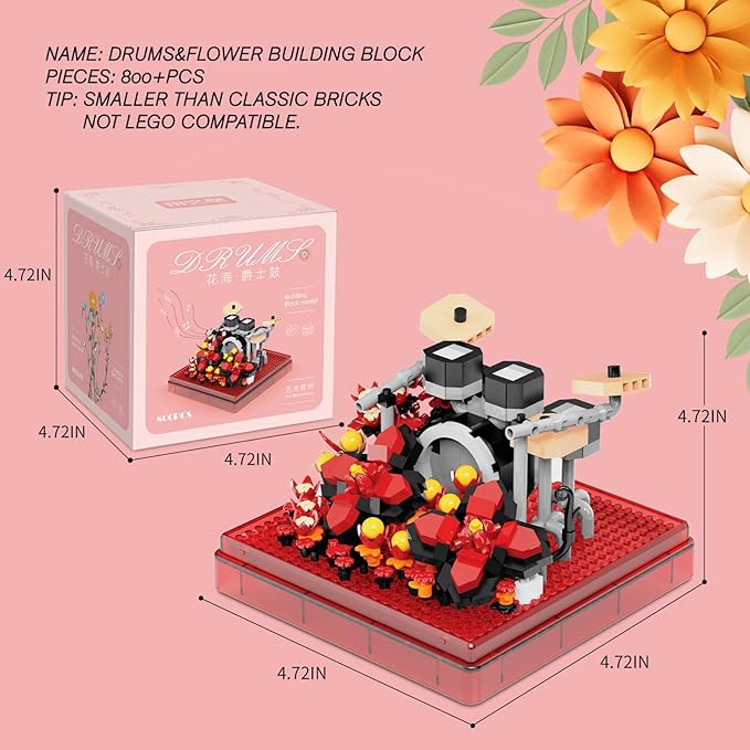 Drums Mini Building Block Sets with Colorful Flower Decor, Micro Building Sets with Dust Cover,Gift for Girl,Lover,Mother, Home Office Decor Kit Suit for Kids and Adult Aged 8+(Drums)