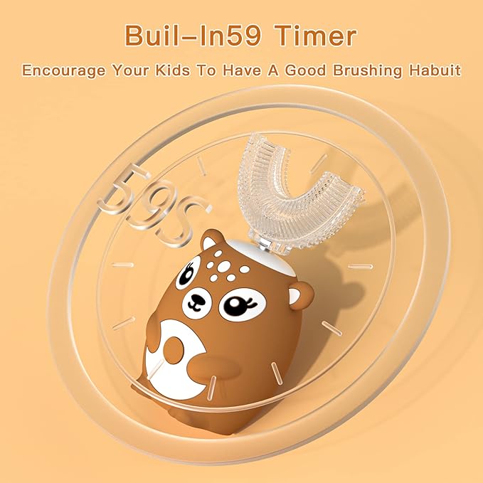 Kids Electric Toothbrushs U Shaped Sonic Automatic Toothbrush with 4 Brush Heads, Six Cleaning Modes,Cartoon Deer Modeling, Full Mouth Toothbrush for Baby