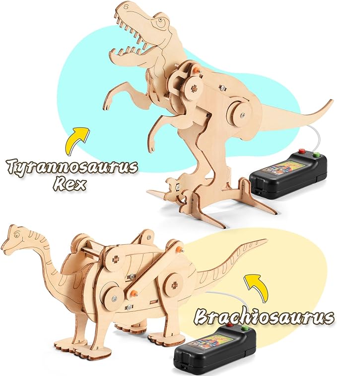 Dinosaur STEM Kits for Kids Ages 6-8-10-12, 4 in 1 Wood Building Toys for Boys Age 8-12, Build It Yourself Woodworking Kit, DIY 3D Wooden Puzzles Model Science Crafts for Kids, Stem Projects