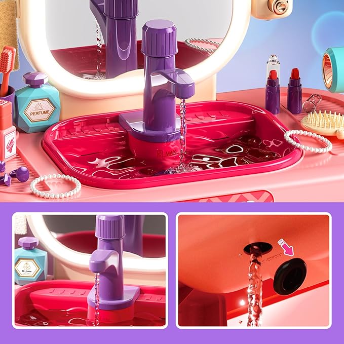 Pretend Play Girls Makeup Table Set with Stool,Kids Vanity Set with LED Lighted Mirror and Music，Toddler Beauty Salon Set with Makeup Accessories & Washbasin,Girls Vanity for Toddlers 3-5 Years Old