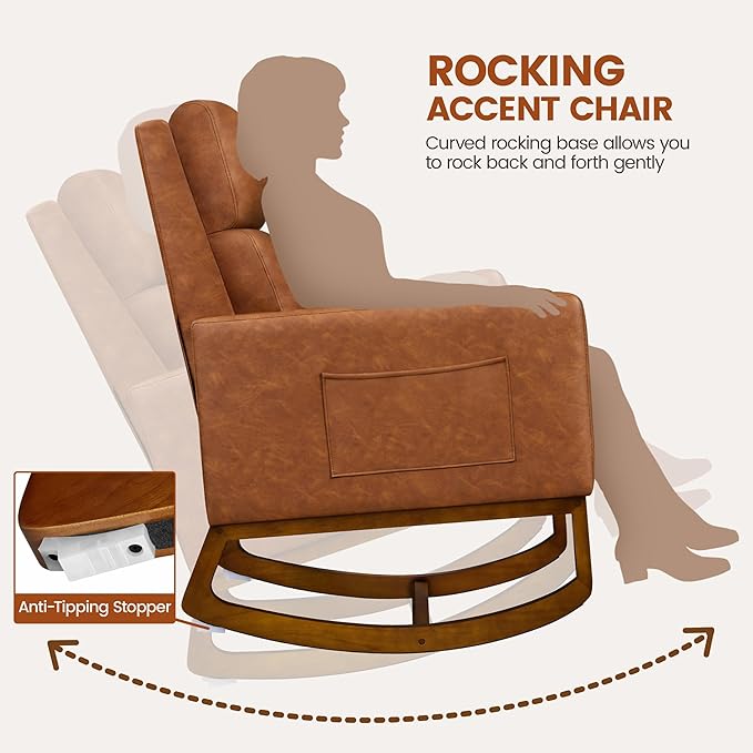 Yaheetech Rocking Chair, Leather Nursery Glider Chair, Upholstered Accent Chair with Rubber Wood Legs and Side Pockets, High Back Armchair for Living Room, Bedroom, Brown
