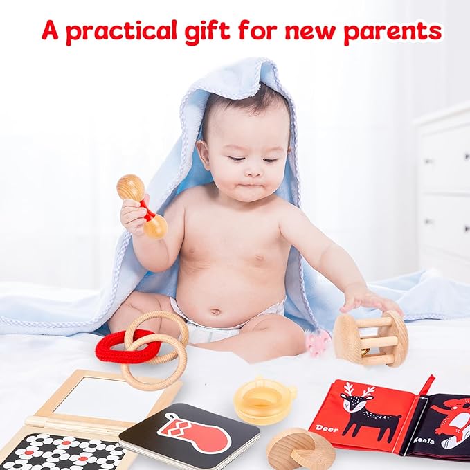 Adena Montessori Play Kit for 3-4 Months Baby,8 in 1 Wooden Learning Educational Toys for Toddler,Include Framed Mirror Book,High-Contrast Cards and More,Christmas Birthday Gift for Boys Girls