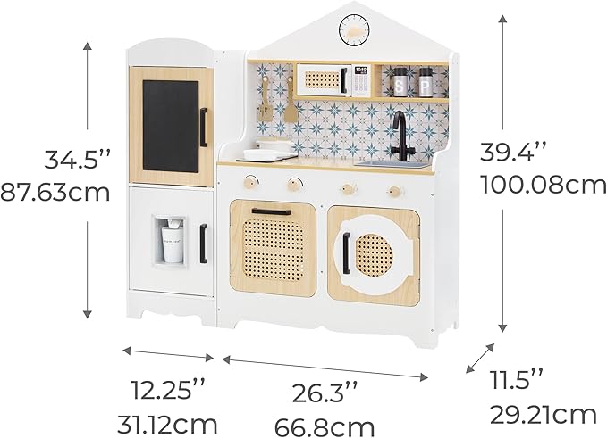 Teamson Kids Little Chef Morocco Play Kitchen with Chalkboard, Ice Dispenser, and 11pc. Accessory Set, White/Natural