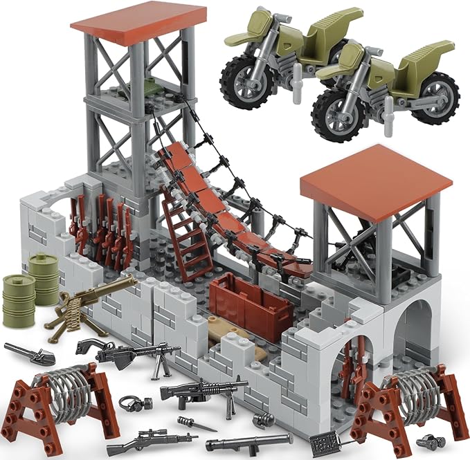 Finger Rock Military Base Series Small Suspension Building Set, WW2 Army Mini War Accessories Kits, DIY Defence Base Guard Tower Base Guns Army Supplies Block Toy for Kids 8 10 12 14