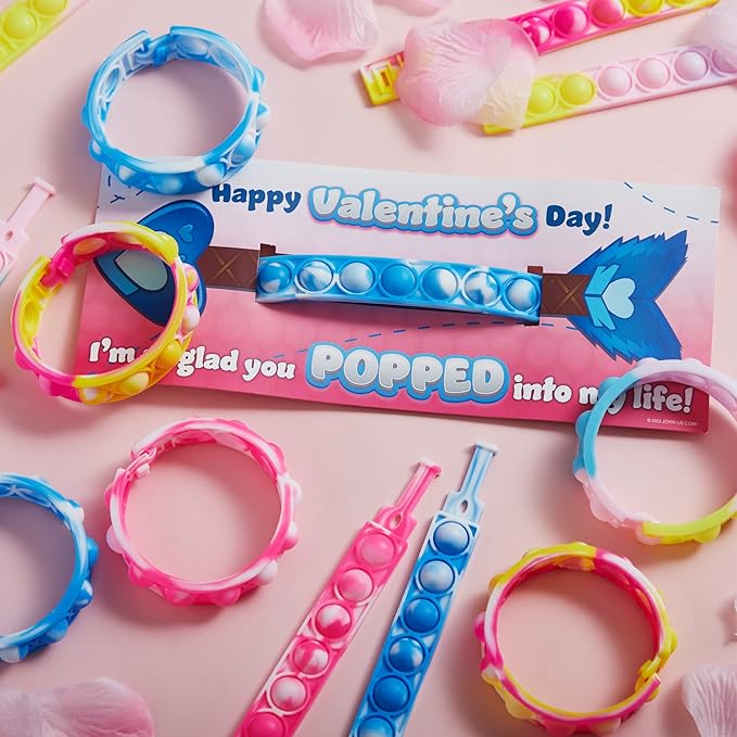 JOYIN 28 Packs Valentine's Day Cards with Pop Fidget Bracelet Pop Bubble Fidget Toy Bracelet Wristband Stress Relief Finger Press Toy for Kids Valentine's Classroom Exchange Prizes Party Favors