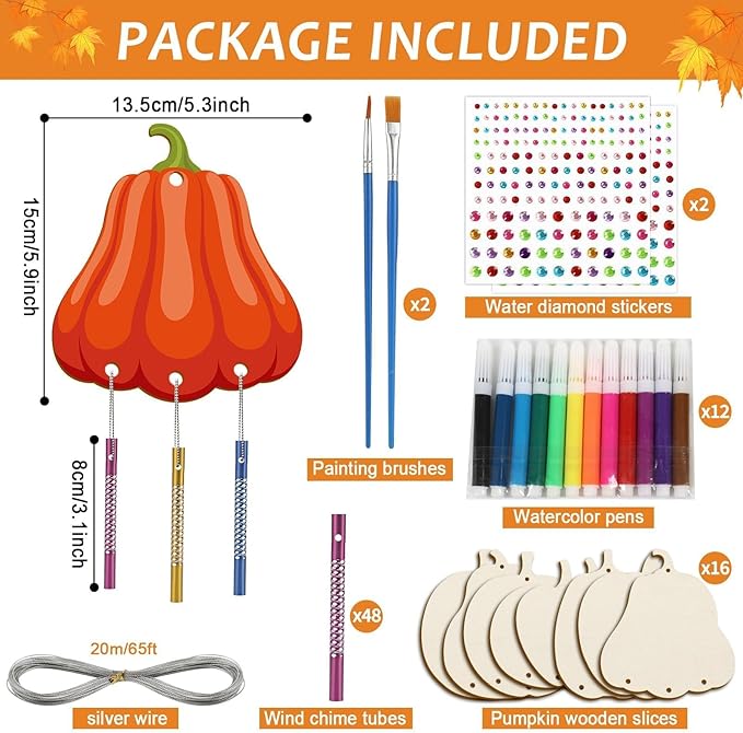 gisgfim 16 Pack Thanksgiving Pumpkin Wind Chime Crafts Kits for Kids Make Your Own Pumpkin Wind Chime Wooden DIY Arts and Crafts for Fall Party School Classroom Decorations Supplies Birthday Favors