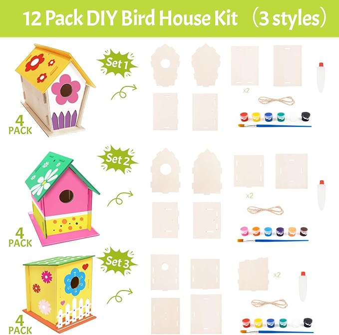 ORIENTAL CHERRY Crafts for Kids Ages 4-8 - 12 Pack DIY Bird House Kit - Build and Paint Birdhouses Wooden Arts Kits - Easter Basket Stuffers Gifts for Kids Girls Boys Toddlers Ages 3-5 4-6 6-8 8-12
