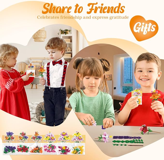 Valentines Day Gifts for Kids - 24 Pack Prefilled Valentine's Day Cards with Flower Building Blocks Crafts for School Classroom Class Party Favor, Valentines Gifts Bulk Exchange for Boys Girls Teens