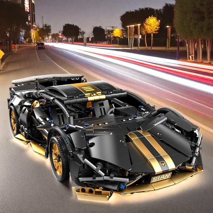 Sport Race Car Building Block Sets for Adults Boys,Black Racing Supercar Toys Kits with LED Light Collectible 1:14 MOC Model Construction Birthday Gifts for Teens Age 8-12 12-16,14 14+