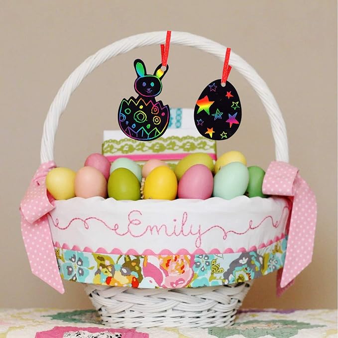 JOYIN 72 Pcs Easter Scratch Paper Set (12 Designs) Rainbow Scratch Art Easter Crafts Kit for Kids with Wooden Stick and Ribbon, Rainbow Color Scratch Ornaments for Home Tree Decor, Party Favors
