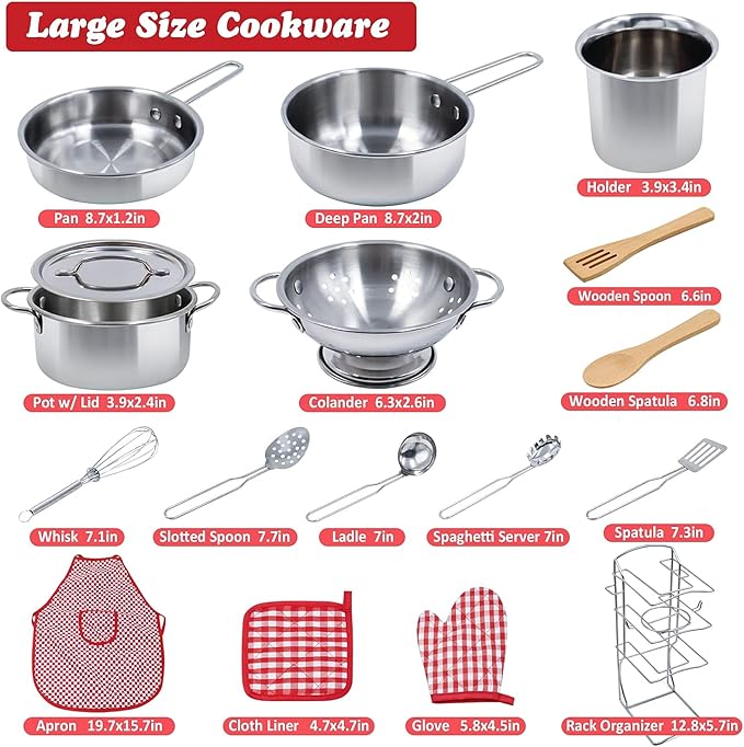 Kids Pretend Play Kitchen Toys Accessories Set, 32 Items Stainless Steel Toy Pots and Pans Sets w/ Rack Organizer, Metal Cooking Utensils & Apron, Play Food w/ Basket for Kids Girls Boys Toddlers
