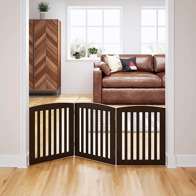 PAWLAND Wooden Freestanding Foldable Pet Gate for Dogs, 24 inch 3 Panels Step Over Fence, Dog Gate for The House, Doorway, Stairs, Extra Wide (Espresso, 24" Height-3 Panels)