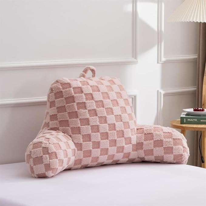 Aimuan Checkered Reading Pillow Bed Rest Wedge Backrest Checkerboard Pillow with Arms Back Support for Sitting Up in Bed Cushion Incline Rest Sleeping Snoring Pillow (Pink,Large)