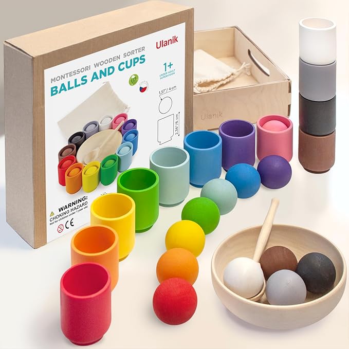 Ulanik Balls in Cups Toddler Montessori Toys for 1 Year Old + Kids Preschool Wooden Matching Games for Learning Color Sorting and Counting
