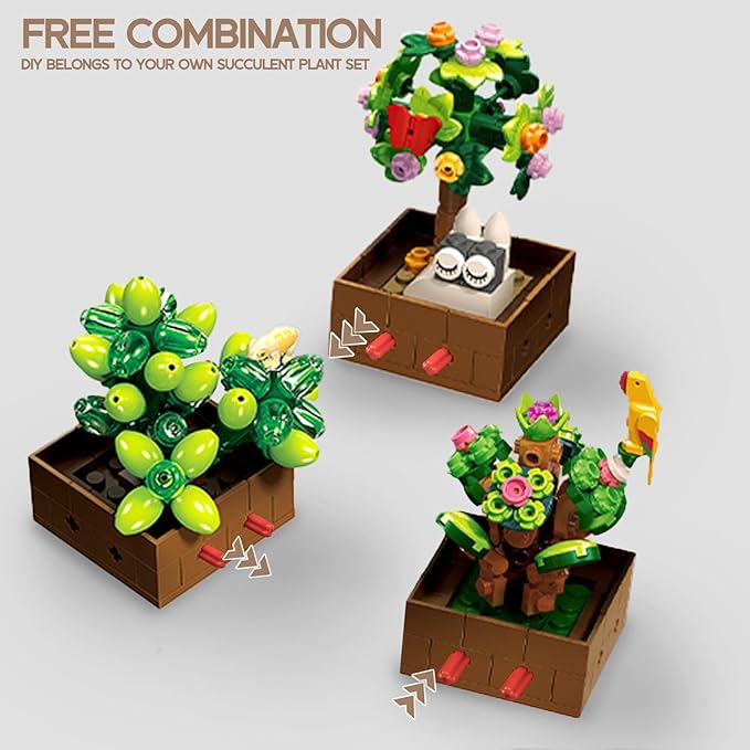 9 Flowers Succulents Botanical Collection Building Set Tiny Succulent Bonsai Plant Toy Compatible with Lego Flowers for Adult Home Décor Ideas Gifts for Boys Girls Women 913 PCS