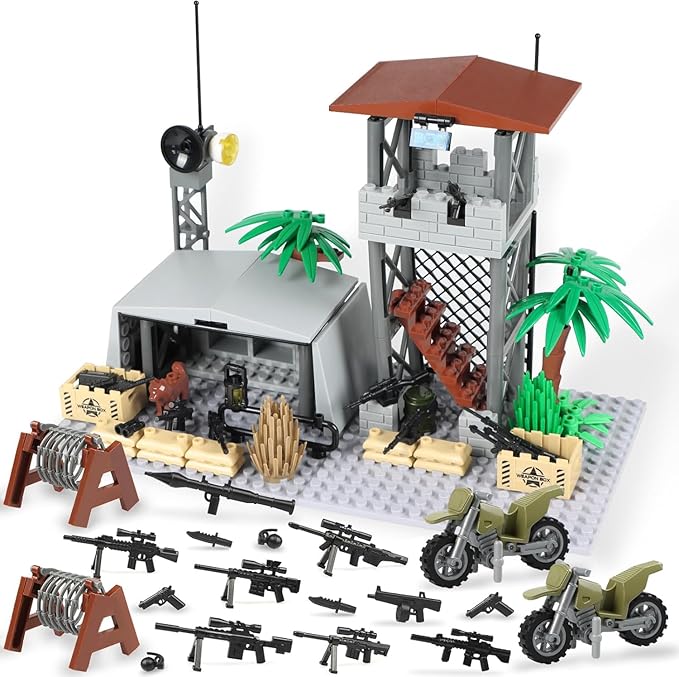Finger Rock Military Base Building Block Set, WW2 Army Mini War Accessories Kits, Military Ruins Guard Tower Base Guns Army Supplies Block Toy for Kids 8 10 12 14