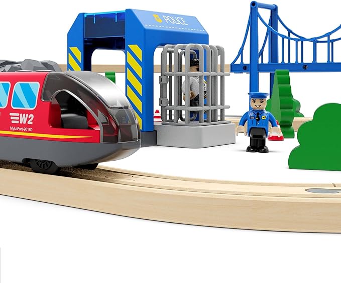 Wooden Train Tracks Accessories, Train Set Piece of Police Station Compatible with All Railroad Track Collection, Train Toys Expansion Pack for Kids Ages 3 and Up.