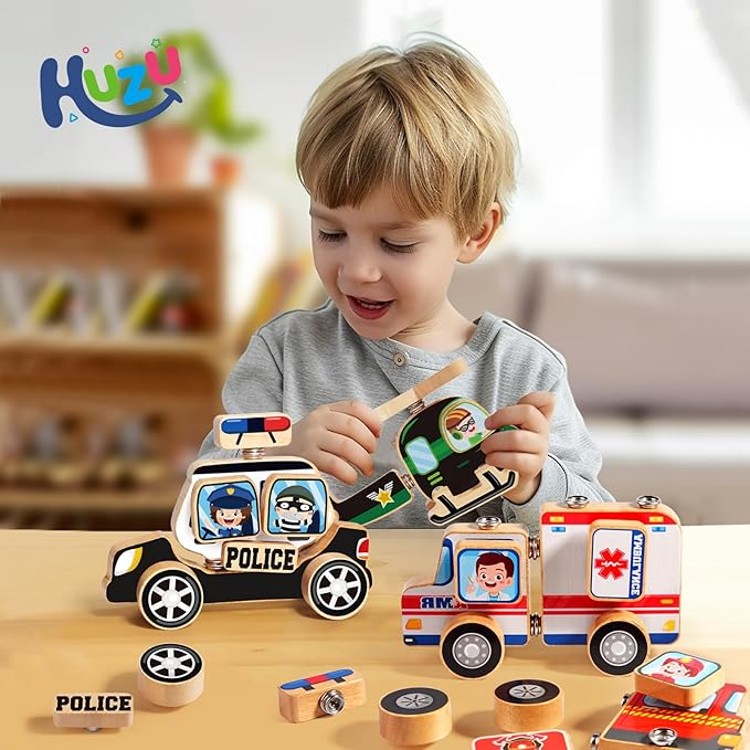 HUZU Emergency Vehicles 3D Puzzle Toy, Rescue Squad Wooden Snap Button Connection Building Blocks for Kids 3-8, Fire Truck Ambulance Police Car Helicopter Montessori Gifts for Preschool Children