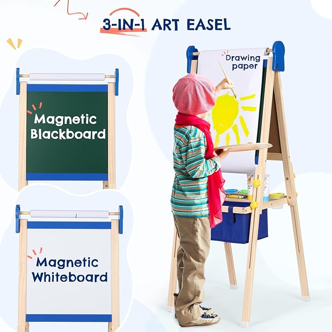 Kids Easel 3-1,Magnetic Chalkboard & Whiteboard, Paper Painting, Big Storage with Canvas Bag, Painting Sets with Finger Paints,Chalks,Brushes,Number Letters Magnets, Apron, Gift for Kids, Blue