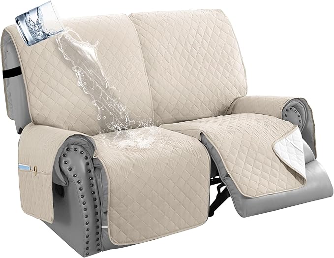 H.VERSAILTEX 100% Waterproof Reclining 2 Seater Sofa Thick Soft Reclining Love Seat Slipcover Non-Slip Reclining Sofa Covers with Elastic Straps for Dogs, Pets(Recliner Loveseat, Coconut Milk)