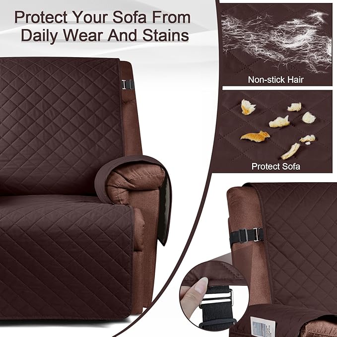 KinCam 100% Waterproof Recliner Chair Cover, Reclining Couch Covers for Pets, Dogs, Recliner Couch Slipcover Furniture Protector with Elastic Straps for Kids(30", Coffee)