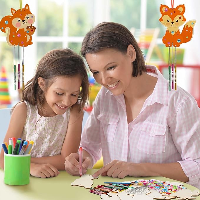 9 Pack Wind Chime Kit for Kids,Fall Craft Kits Autumn Animals Wind Chime Decorative Wooden Hanging Ornaments DIY Painting Craft for Boys Girls Thanksgiving Halloween Party Supplies