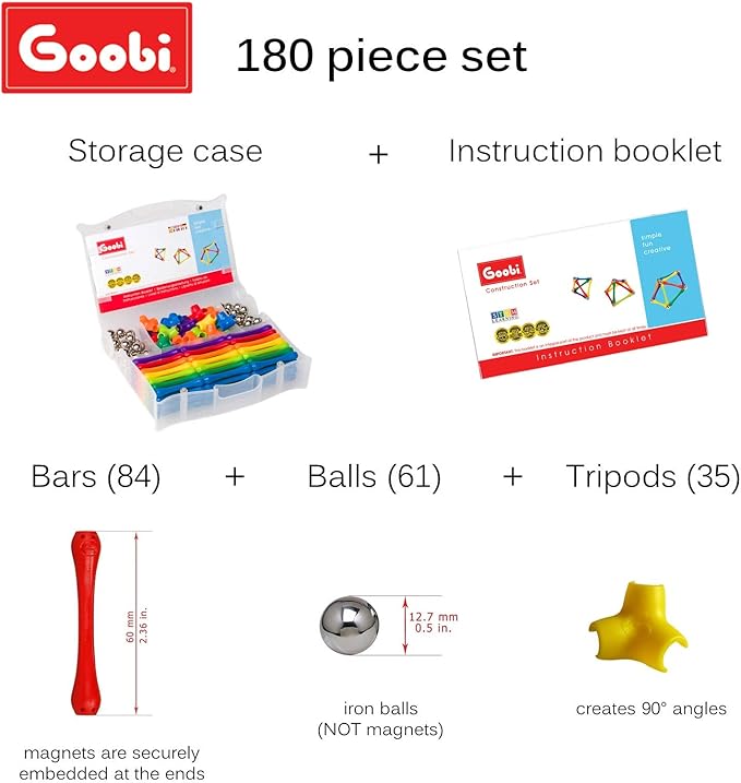 Goobi 180 Piece Magnetic Building Sticks Blocks Tiles Toy Magnet 3D Construction Set STEM Educational Toys for 3 4 5 6 7 8 Year Old Kids Boys Girls Adults with Storage Box and Instruction Guide