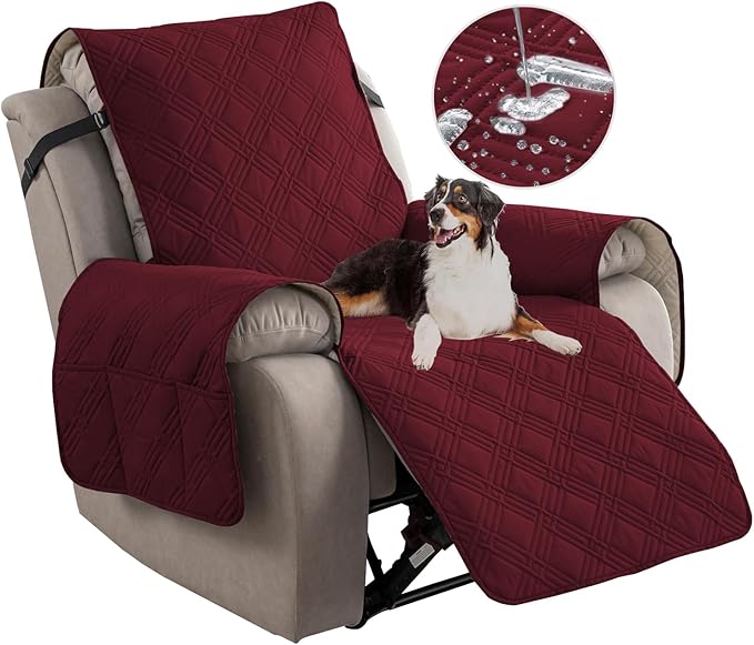 Easehomey 100% Waterproof Recliner Chair Covers, Non Slip Oversized Reclining Cover, Cover Furniture Protector Washable Chair Cover with Pocket,Elastic Straps for Kids,Pets,Dogs(Wine Red,28")