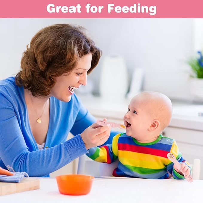 Silicone Baby Spoons Self Feeding 6+ Months 3PCS Toddler Forks and Spoons Utensils Baby Led Weaning Teething Spoon Infant Spoons First Stage Newborn Baby Essentials Baby Gifts Pink