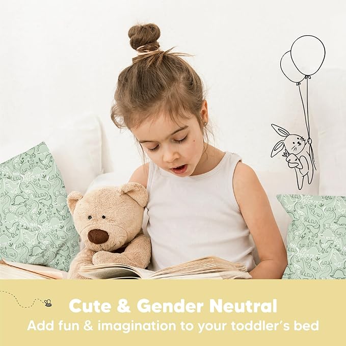 Toddler Pillow with Pillowcase - 13x18 My Little Dreamy Pillow, Organic Cotton Toddler Pillows for Sleeping, Kids Pillow, Travel Pillows, Mini Pillow, Nursery Pillow, Toddler Bed Pillow (DinoDood)