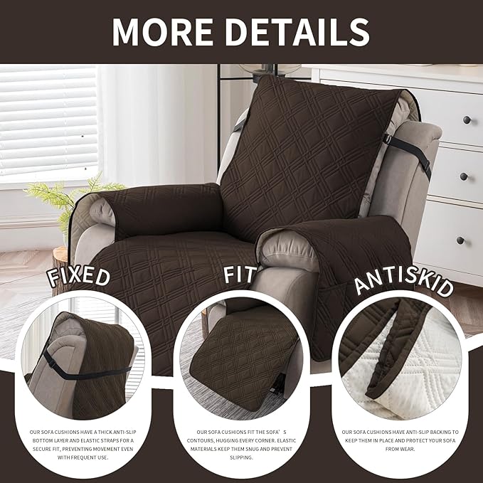 Easehomey 100% Waterproof Recliner Chair Covers, Non Slip Dog Chair Cover Furniture Protector Washable Chair Cover with Pocket, Elastic Straps for Kids,Pets,Dogs (Chocolate, 23.6")