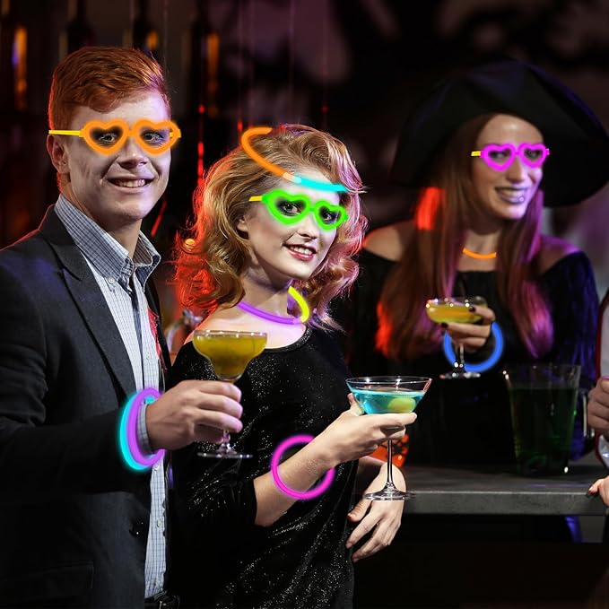 20 Pack Valentines Day Glow Heart Glasses Party Favor Supplies with 80 Glow Sticks & Connectors (for 20 Neon Glasses, 40 Bracelets or 13 Necklaces), Glow in Dark Accessories for Wedding Dance Camping