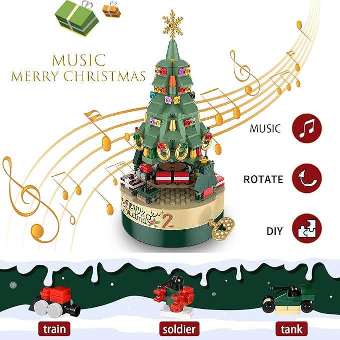 Christmas Tree Music Box Building Blocks - DIY Xmas Building Kit (360 Components)
