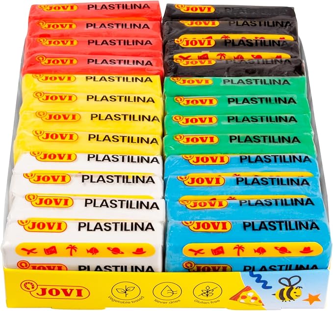 Jovi - Plastilina Pack, Reusable and Non-Drying Modeling Clay, 24 1.75oz. Plasticine Bars, 100% Vegetable-Based, 6 Basic Colors Assortment, Gluten-Free, Non-Toxic, Great for Home and School