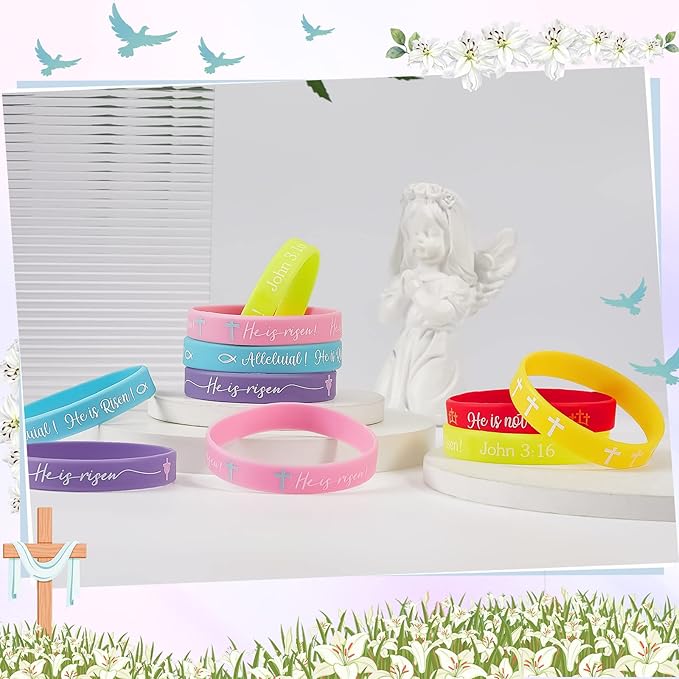 Deekin 36 Pcs He Is Risen Bracelets Bulk Easter Egg Stuffers Basket Filler Religious Silicone Bracelet Party Favors Bible Rubber Bracelet Cross Catholic Exchange Gifts for Kids Festival Spring Party