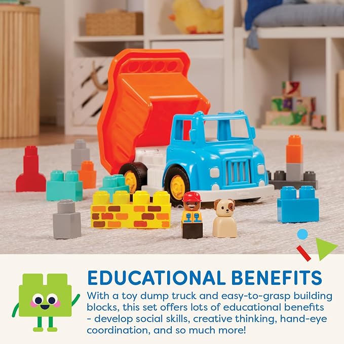 Battat- Locbloc – Toy Dump Truck – 17Pc Construction Set – Working Bucket- Building Blocks & Characters – 12 Months +