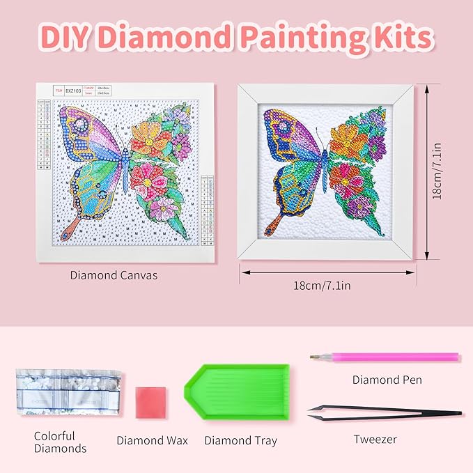5D Diamond Painting Kits for Kids, Diamond Arts Painting Kits with Wooden Frame, Butterfly Kids' Mosaic Kits for Beginners, Girls, Adults, Diamond Painting Pictures, Arts Craft for Home Decor