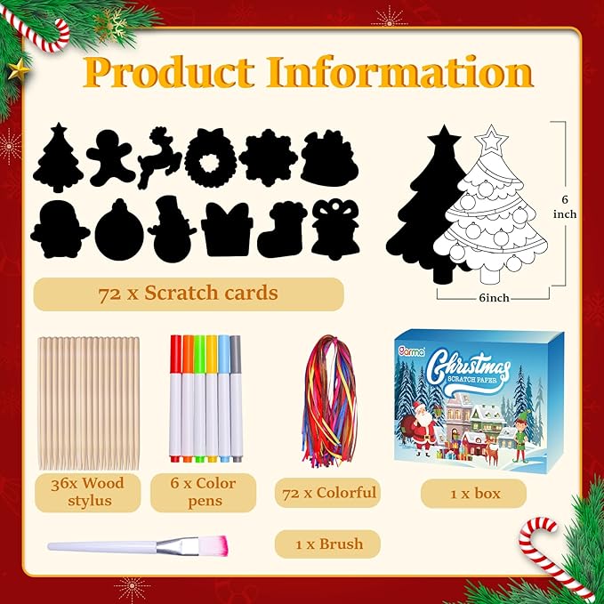 Garma 72Pcs Christmas Crafts Scratch Art for Kids, Rainbow Scratch Paper Christmas Ornaments Crafts Christmas Party Favors Toys Xmas Tree Ornaments Hanging Craft Art Kits