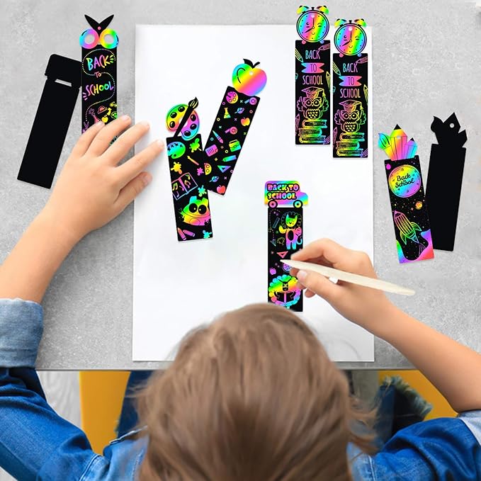 WATINC 60Pcs Welcome Back to School Scratch Bookmark, Magic Art Color DIY Craft Kit for Kids First Day of School Birthday Party Favor, Classroom Decoration, School Supplies Game for Boys Girls