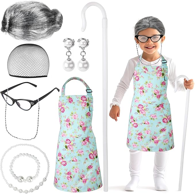 Kyson Girls Old Lady Costume for Kids 9 Pcs 100th Days of School Granny Wig Apron Outfit Halloween Dress Up Accessories