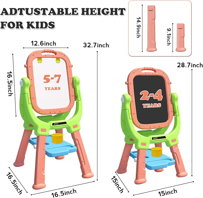 Kids Easel, Kids Toys Rotatable Double Sided Chalk Board Adjustable Height Standing Toddler Easel with 79pcs Accessories Art Set, Pink