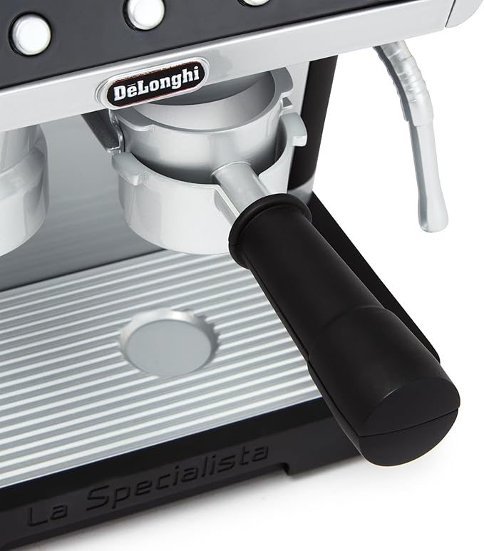 Casdon De'Longhi Toys Barista Coffee Machine. Toy Kitchen Playset for Kids with Moving Parts, Realistic Sounds and Magic Coffee Reveal. For Children Aged 3+, Silver, Black