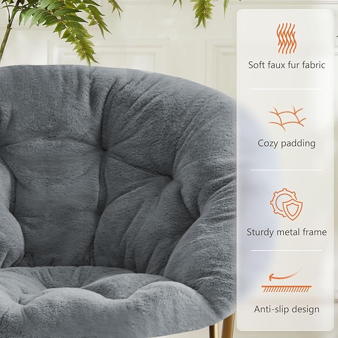 Sweetcrispy Cozy Saucer Chairs Faux Fur Living Room Reading Lounge Furniture Folding Comfy with Soft Thick Padded Seat Metal Frame Modern Style for Bedroom Home Adults, X-Large, Grey