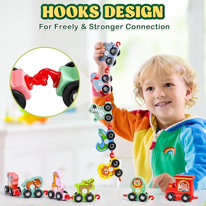 Toddler Toys for 2-3 Year Old Boy, Wooden Animal Train Set, Montessori Toys for 2 3 Year Old Boy Christmas Birthday Gifts, Learning Toys for Toddlers 2-4 Years Girl Toys Age 2 3