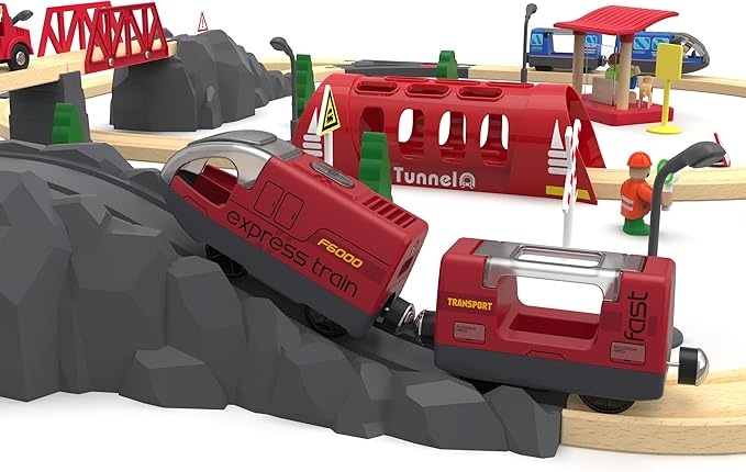 Toy Train Set Remote Control Locomotive Train, Motorized Train for Wooden Track, Electric Train and Tunnel with Sound & Lighting Effect, Magnetic Trains Compatible with Thomas, Brio, Chuggington