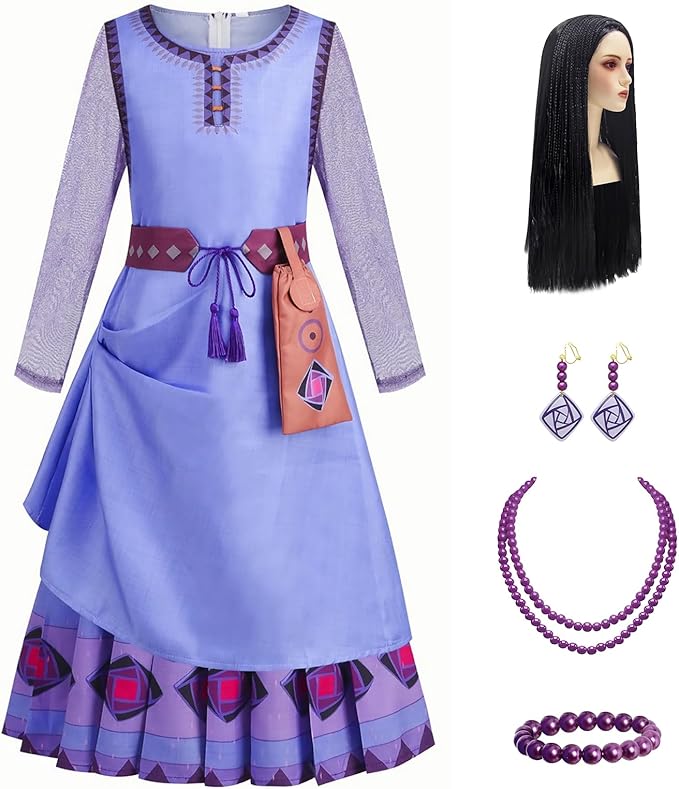 Wish Asha Dress - Princess Asha Costume for Girls 3-12 - Dress Up Set with Wig, Belt, Pouch, Necklace and Earrings